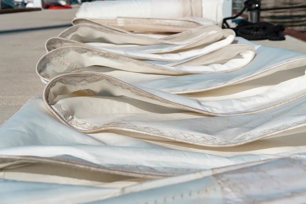 Folded white canvas sails showing stitched seams and reinforced edges